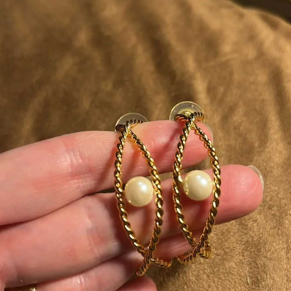 Large hoop gold tone & pearl pierced earrings.